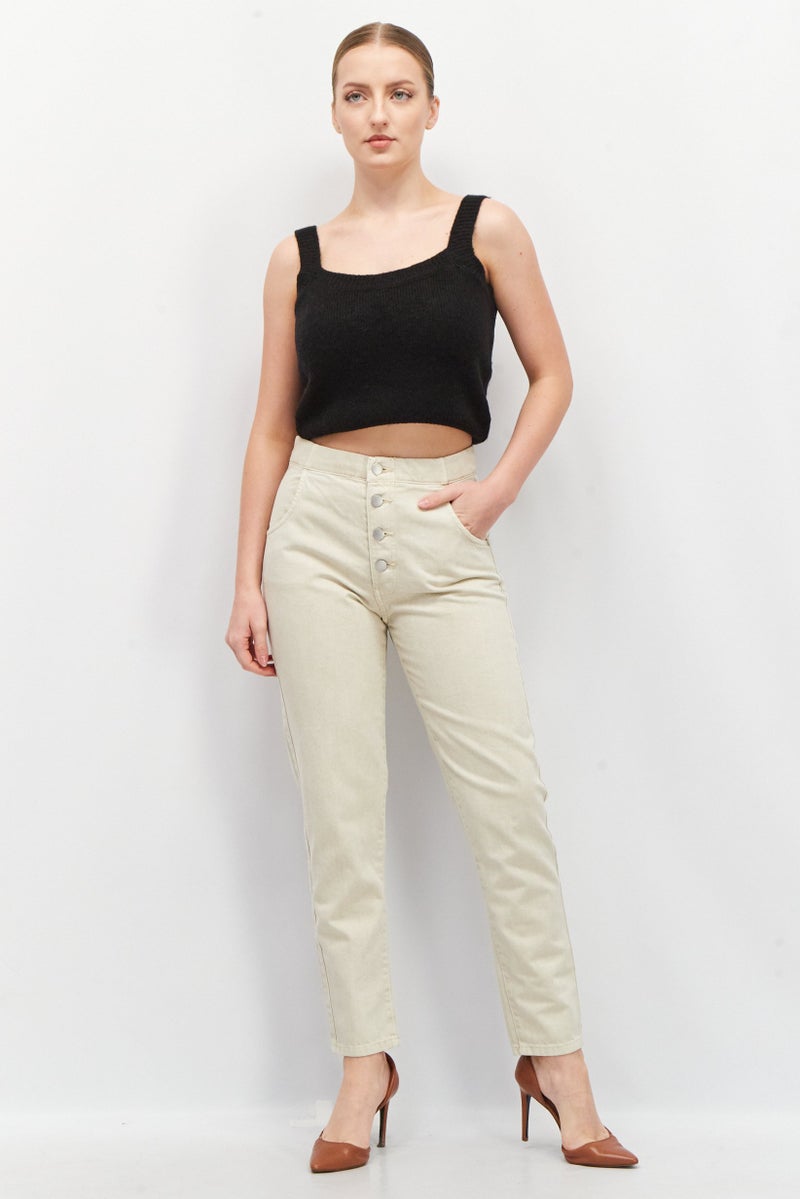 EDC Women Mom Fit Dark Plain Stretchable Denim Jeans, Beige - Image 3