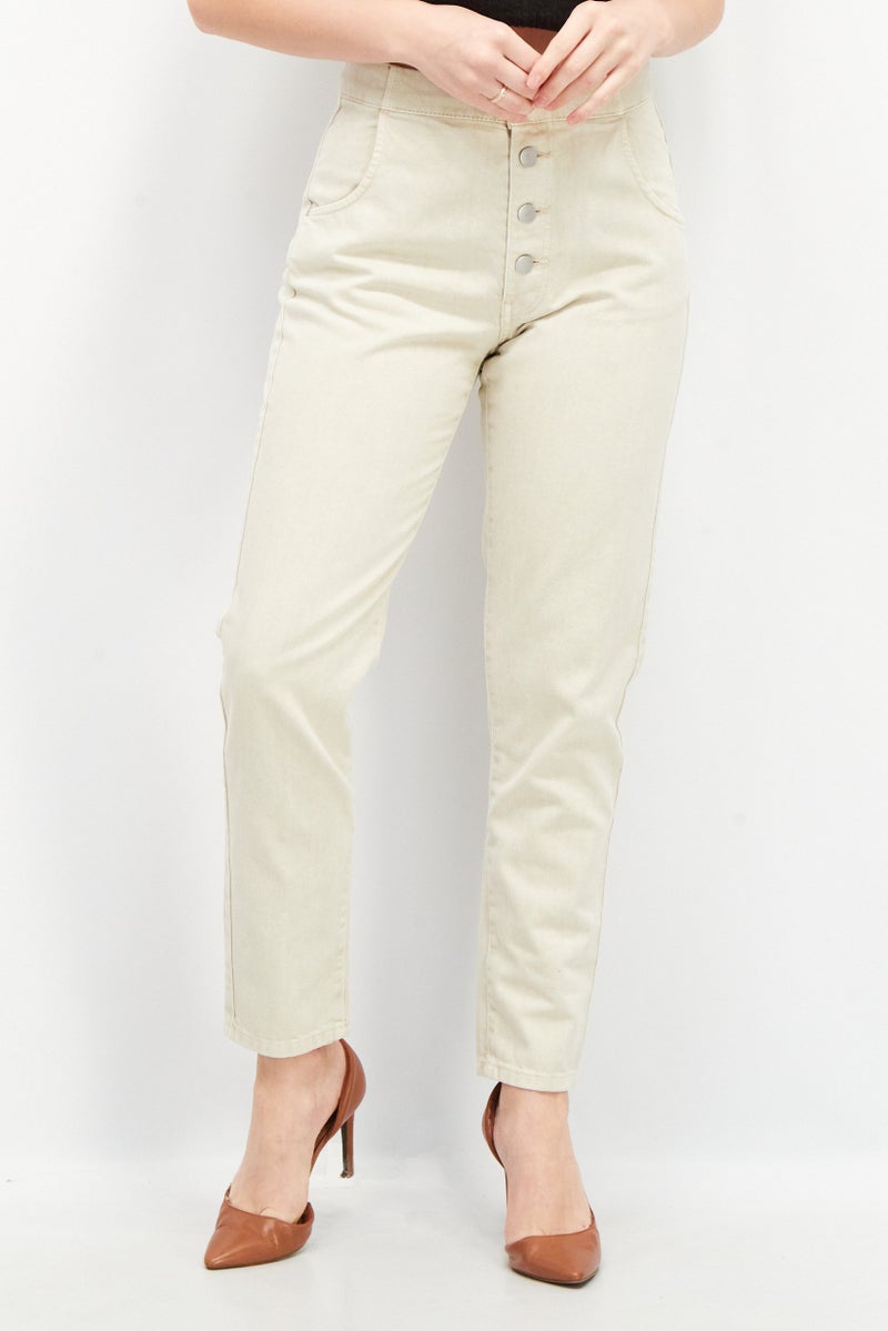 EDC Women Mom Fit Dark Plain Stretchable Denim Jeans, Beige - Image 1