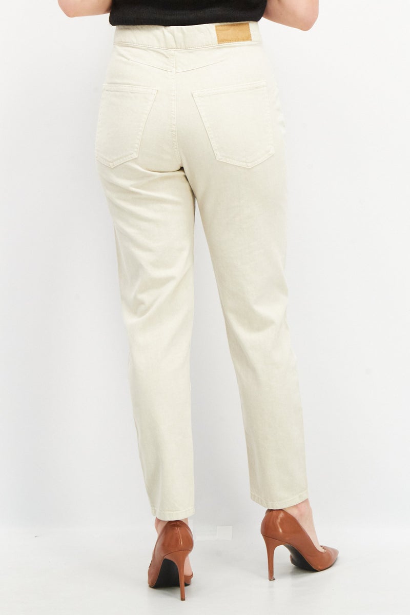 EDC Women Mom Fit Dark Plain Stretchable Denim Jeans, Beige - Image 2