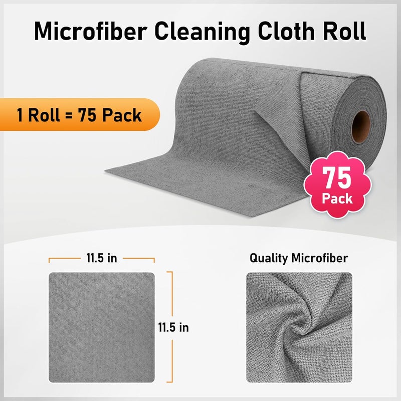 HOMERHYME Microfiber Cleaning Cloth Roll 75 Pack Tear Away Microfiber Towels Reusable Washable Shop Towels Lint Free Cleaning Rags for Car Home Garage Workshop 115x115 Grey - Image 2