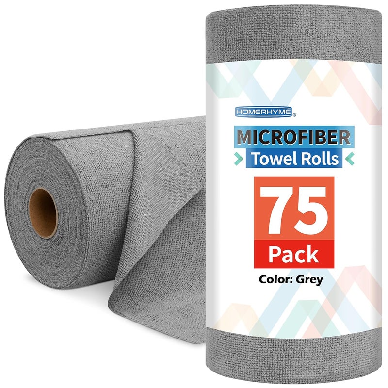 HOMERHYME Microfiber Cleaning Cloth Roll 75 Pack Tear Away Microfiber Towels Reusable Washable Shop Towels Lint Free Cleaning Rags for Car Home Garage Workshop 115x115 Grey - Image 1