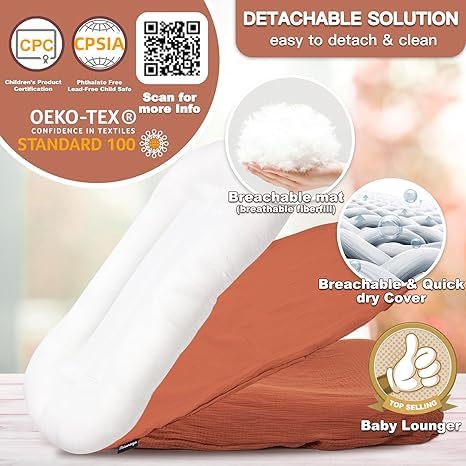 Bubbyhuts Infant Support Cushion - Baby Support Cushion for Newborn 0-24 Months, Muslin Cover，Portable Breathable & Soft Tummy Time Mat for Home and Travel - Orange - Image 5