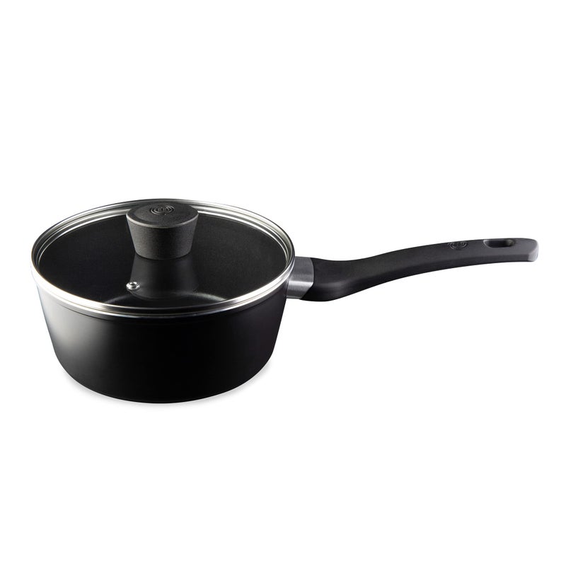 Masterchef Non Stick Saucepan for Induction Hobs 18cm Sauce Pot with Lid for all Cooking Surfaces Swiss Engineered Aluminium Pan with Scratch Resistant Nonstick Coating Aluminum Black