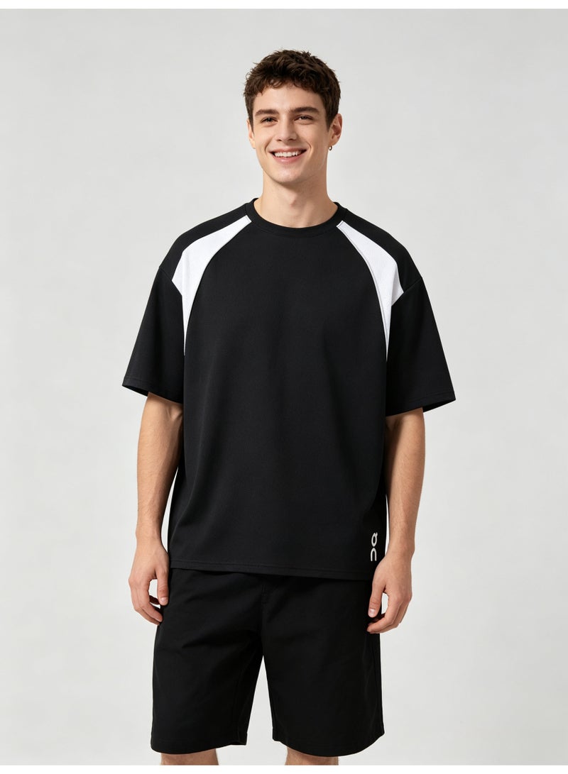 اون راننج On Running Men Raglan Color Block Short Sleeve T-Shirt, Black White Spliced Crew Neck Quick Dry Athletic Sports Tee with Side Logo Print - Image 4