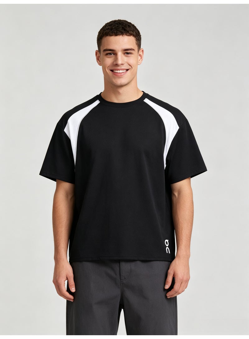 اون راننج On Running Men Raglan Color Block Short Sleeve T-Shirt, Black White Spliced Crew Neck Quick Dry Athletic Sports Tee with Side Logo Print - Image 1