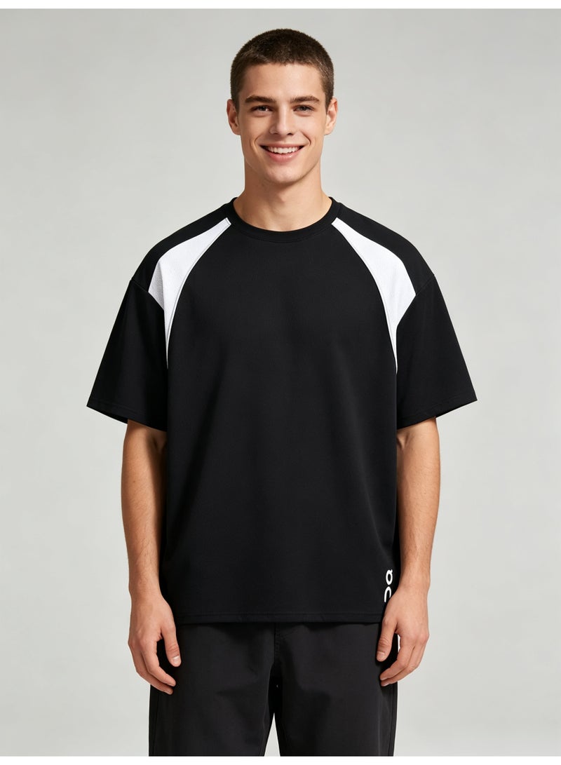 اون راننج On Running Men Raglan Color Block Short Sleeve T-Shirt, Black White Spliced Crew Neck Quick Dry Athletic Sports Tee with Side Logo Print - Image 2