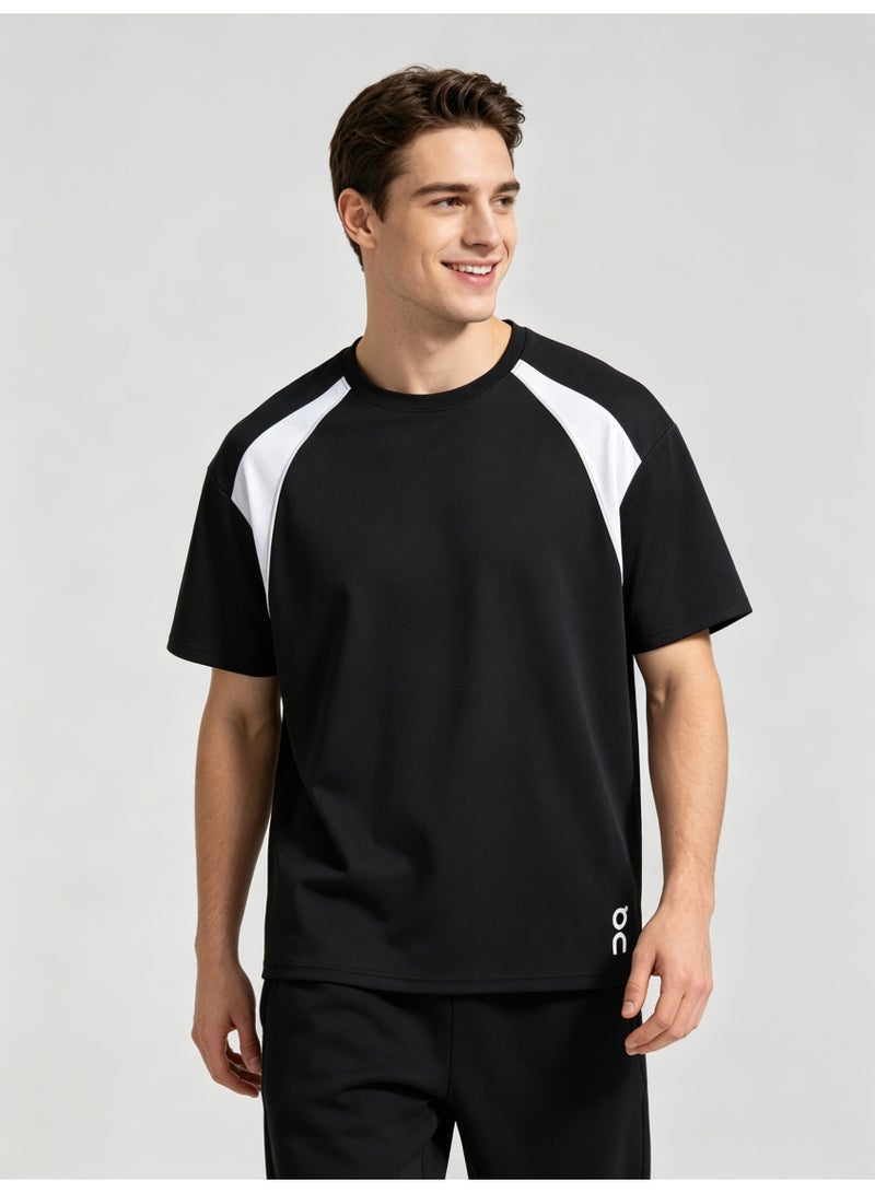 اون راننج On Running Men Raglan Color Block Short Sleeve T-Shirt, Black White Spliced Crew Neck Quick Dry Athletic Sports Tee with Side Logo Print - Image 3