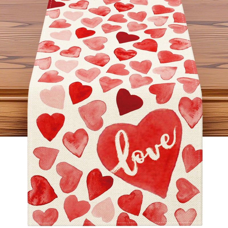 Artscope Red Love Hearts Valentines Day Table Runner, Anniversary Wedding Kitchen Dining Table Decoration for Valentine Home Decor 13x72 Inch - Image 1