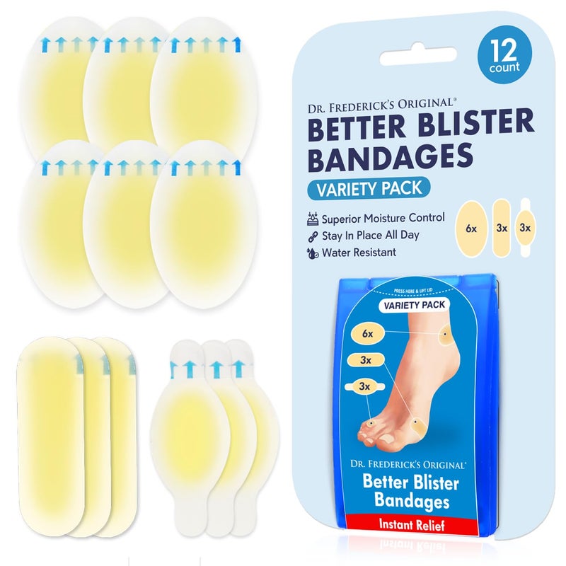 Dr Fredericks Original Better Blister Bandages 12ct Water Resistant 40 More Cushioning Hydrocolloid Bandages for Foot Toe Heel Blister Pads for Prevention Recovery Variety Pack