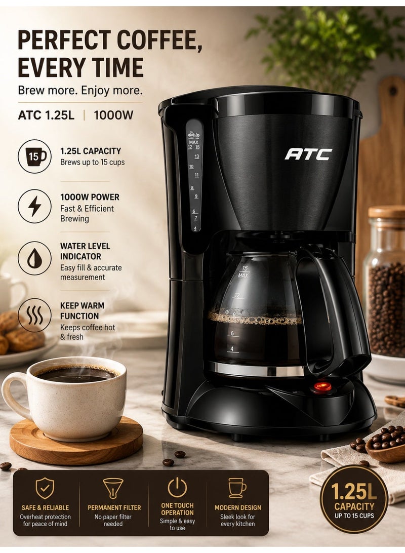 ATC 15-Cup Drip Coffee Maker 1000W 1.25L | Anti-Drip Valve, Keep Warm Plate, Auto Shut-Off, Water Indicator & Overheat Protection | H-CM1812 Black - Image 1
