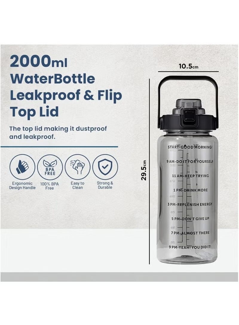 عربست زجاجة مياه سعة 2 لتر بغطاء قابل للقلب وحزام للمقبض، مانعة للتسرب وخالية من مادة BPA، إبريق ماء واسع الفم ذو سعة كبيرة للرياضة واللياقة البدنية (أسود) - Image 2