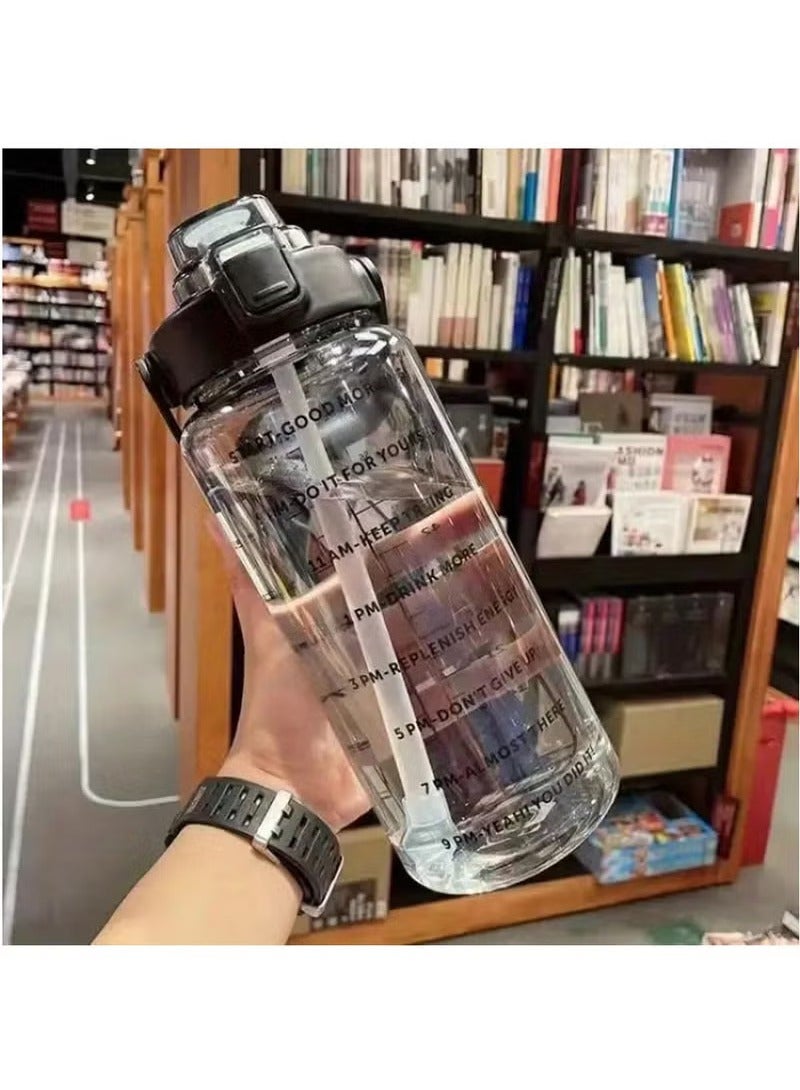 عربست زجاجة مياه سعة 2 لتر بغطاء قابل للقلب وحزام للمقبض، مانعة للتسرب وخالية من مادة BPA، إبريق ماء واسع الفم ذو سعة كبيرة للرياضة واللياقة البدنية (أسود) - Image 1