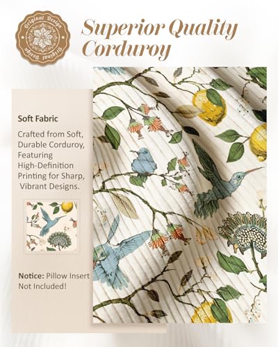 Kokaaee Corduroy Throw Pillow Covers 18x18 Set of 2 Decorative Spring Pillow Covers with Zipper Farmhouse Decor Vintage Throw Pillowcases for Couch Sofa Living Room Home Bedroom Lemon Bird - Image 3