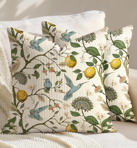 Kokaaee Corduroy Throw Pillow Covers 18x18 Set of 2 Decorative Spring Pillow Covers with Zipper Farmhouse Decor Vintage Throw Pillowcases for Couch Sofa Living Room Home Bedroom Lemon Bird - Image 1