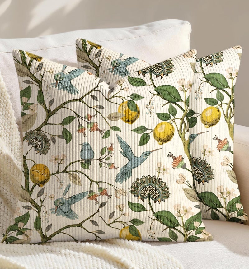 Kokaaee Corduroy Throw Pillow Covers 18x18 Set of 2 Decorative Spring Pillow Covers with Zipper Farmhouse Decor Vintage Throw Pillowcases for Couch Sofa Living Room Home Bedroom Lemon Bird - Image 2