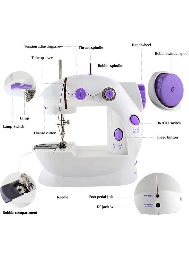 Mini Sewing Machine with Foot Pedal, Dual Speed, White & Purple - Image 2