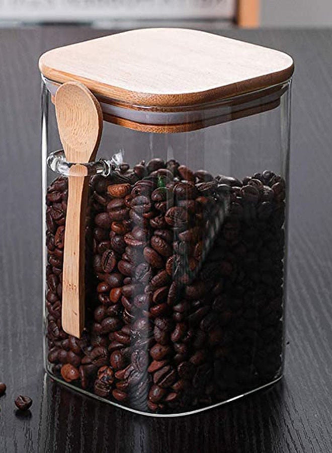AKDC Square Glass Storage Jar with Wood Lids and Spoon 800ml - Image 2