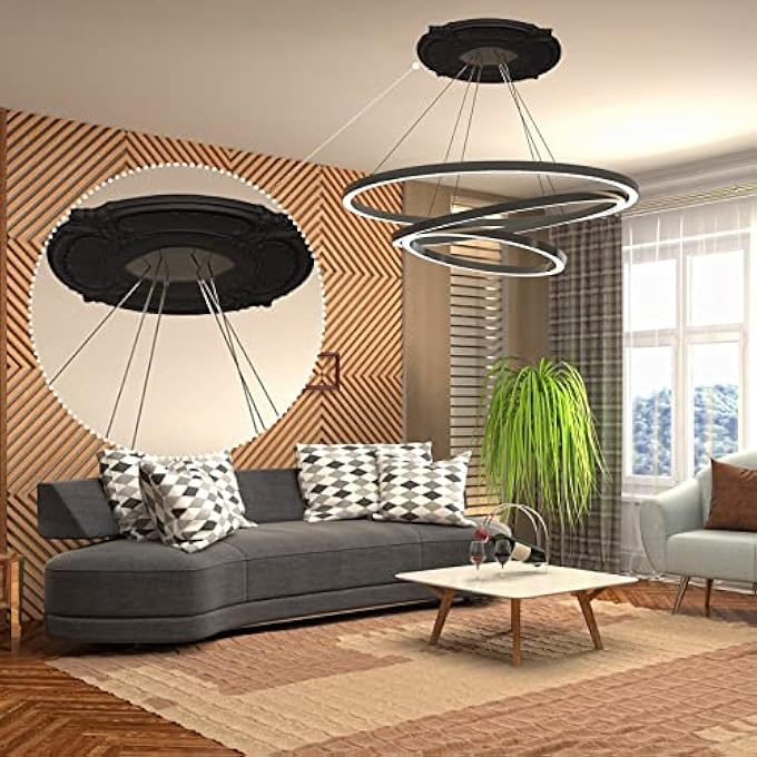 2 PIECES PU CEILING MEDALLION DECORATIVE CEILING FAN MEDALLION ROUND HOME LIGHTING CEILING MEDALLION RING FOR LIGHT FIXTURES CEILING FANS CHANDELIERS, 12 OD X 3.5 ID (BLACK) - Image 3