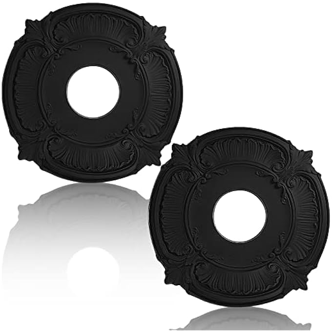 2 PIECES PU CEILING MEDALLION DECORATIVE CEILING FAN MEDALLION ROUND HOME LIGHTING CEILING MEDALLION RING FOR LIGHT FIXTURES CEILING FANS CHANDELIERS, 12 OD X 3.5 ID (BLACK) - Image 2