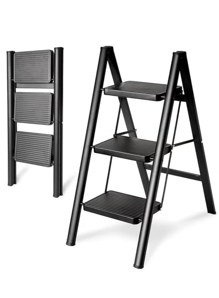 Foldable ladder, portable aluminum step ladder with anti-slip pedals, 150 kg capacity, black (3 steps) - Image 1