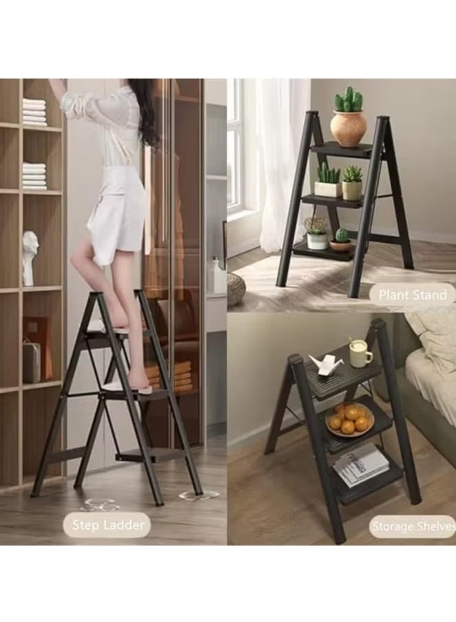 Foldable ladder, portable aluminum step ladder with anti-slip pedals, 150 kg capacity, black (3 steps) - Image 5