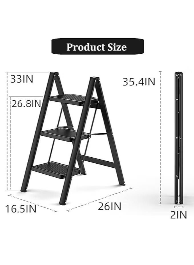 Foldable ladder, portable aluminum step ladder with anti-slip pedals, 150 kg capacity, black (3 steps) - Image 3
