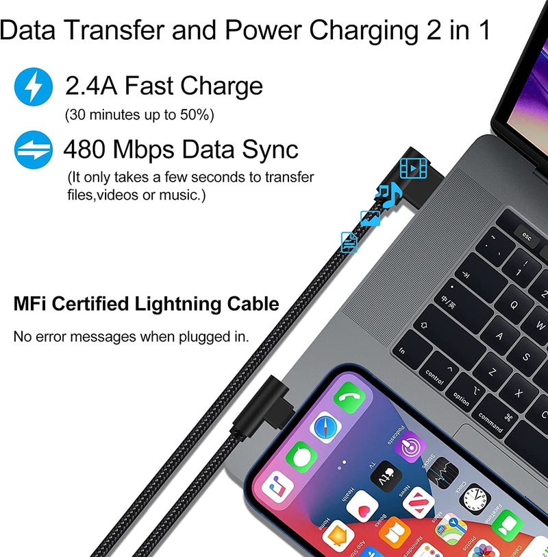 Osecet iPhone Charger 1ft 90 Degree 2 Pack MFi Certified Elbow Short Lightning Cable Right Angle Fast Charging Cord for iPhone 14 13 12 11 Pro X XS XR 8 Plus 7 6 5 (Black,1 Foot) - Image 3