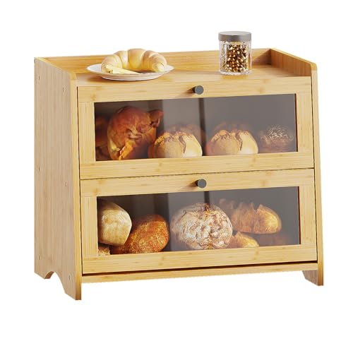 BAMBANG Bread Box for Kitchen Countertop, Extra Large Bamboo Bread Storage Container for Homemade Bread, Double Layer Sourdough Breadox, Bread Bin Organizer for Counter Cabinet Pantry, Natural - Image 1