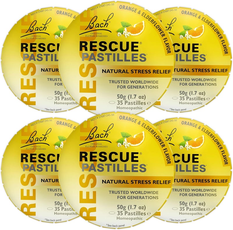 Bach RESCUE Bach PASTILLES, Orange and Elderflower Flavor, Natural Stress Relief Lozenges, Homeopathic Flower Essence, Vegetarian, Gluten & Sugar-Free, 6 Count 