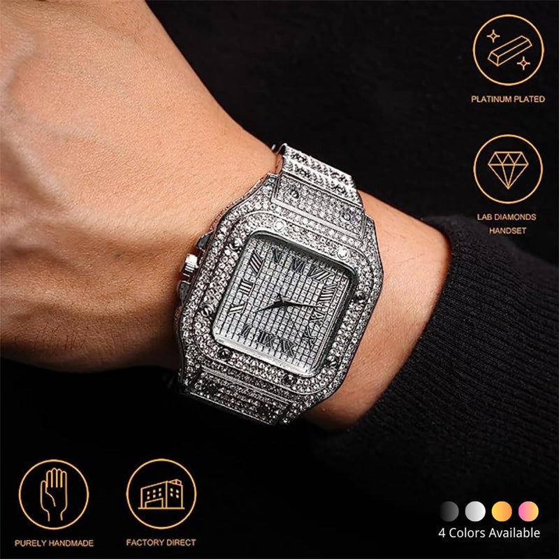Halukakah Men's Watch - The King - Platinum Plated, 40MM Square Dial, Iced Out Wristband, Comes in Giftbox,Gift for Men Son Husband - Image 2