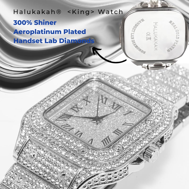 Halukakah Men's Watch - The King - Platinum Plated, 40MM Square Dial, Iced Out Wristband, Comes in Giftbox,Gift for Men Son Husband - Image 3