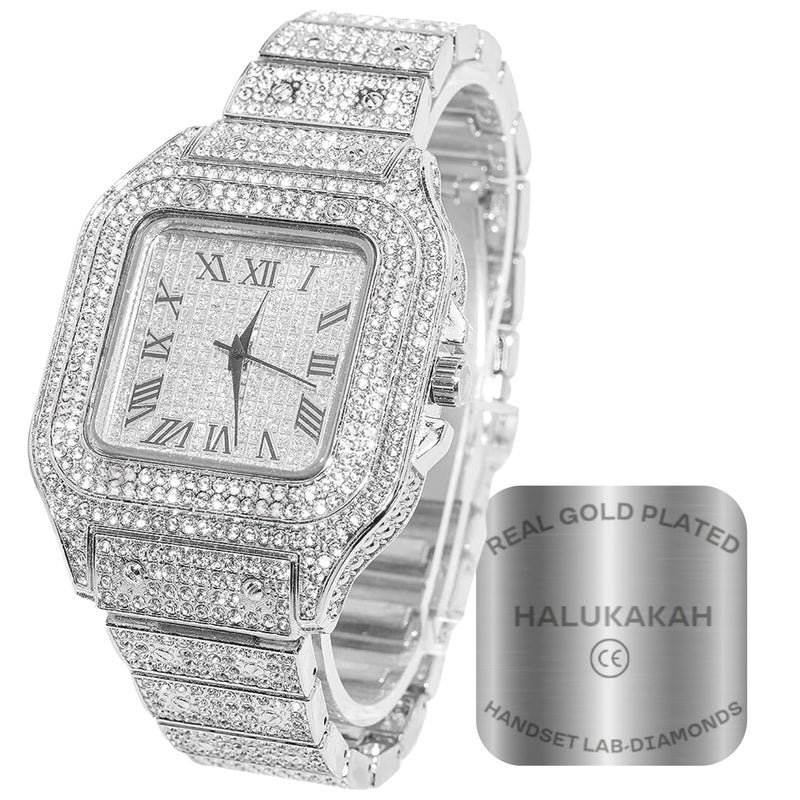Halukakah Men's Watch - The King - Platinum Plated, 40MM Square Dial, Iced Out Wristband, Comes in Giftbox,Gift for Men Son Husband - Image 1