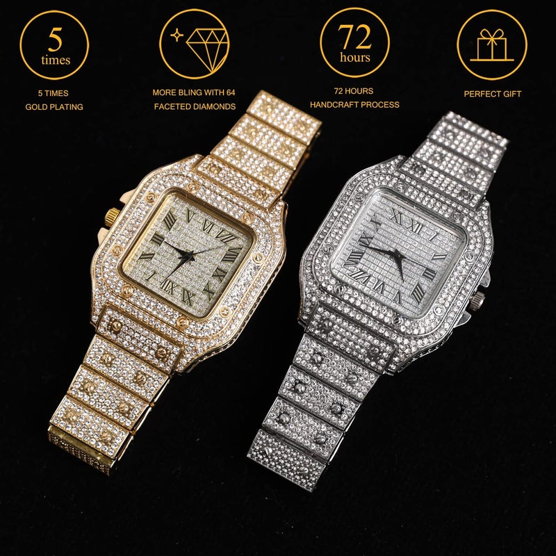 Halukakah Men's Watch - The King - Platinum Plated, 40MM Square Dial, Iced Out Wristband, Comes in Giftbox,Gift for Men Son Husband - Image 5