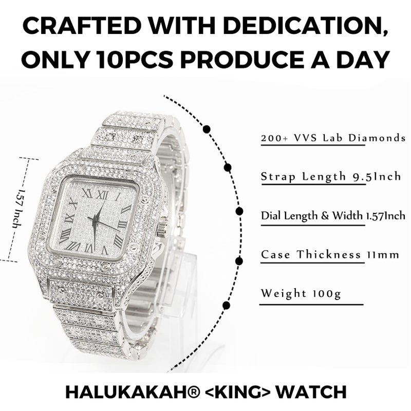 Halukakah Men's Watch - The King - Platinum Plated, 40MM Square Dial, Iced Out Wristband, Comes in Giftbox,Gift for Men Son Husband - Image 4