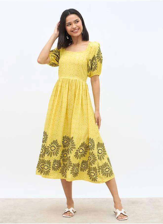 ستايلي Styli Embroidered Puff Sleeves A-Line Midi Dress