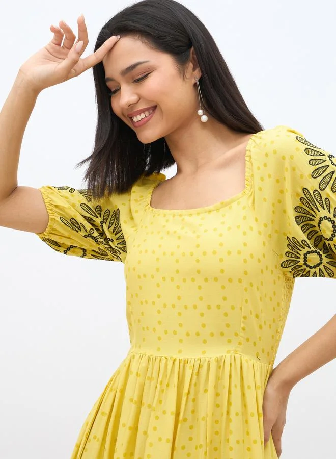 Styli Styli Embroidered Puff Sleeves A-Line Midi Dress