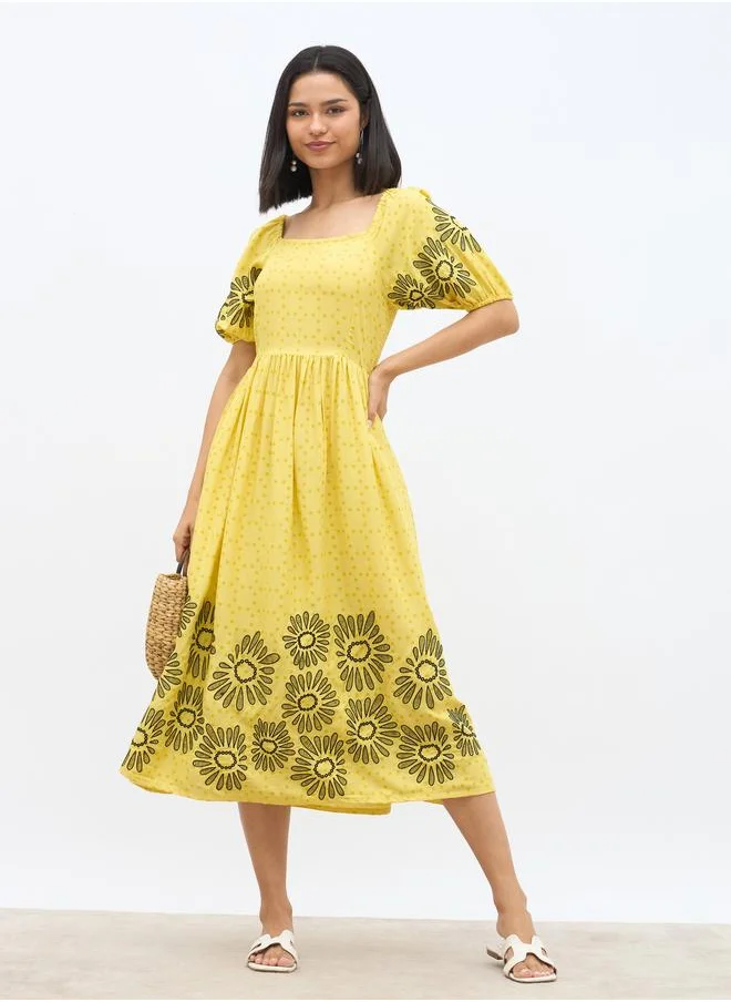 ستايلي Styli Embroidered Puff Sleeves A-Line Midi Dress