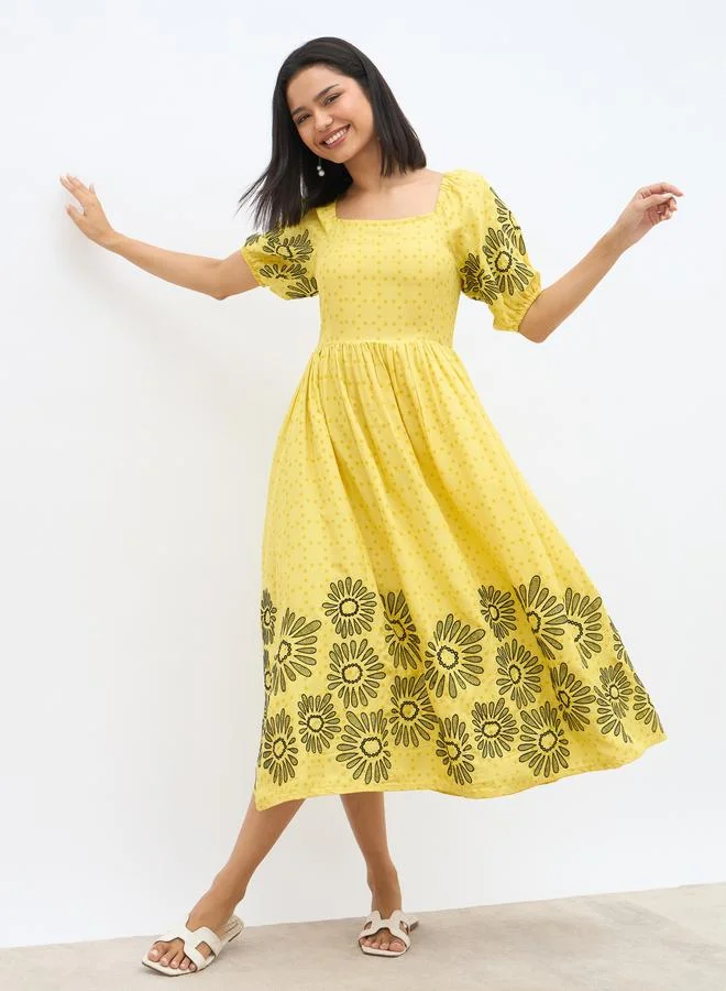 Styli Styli Embroidered Puff Sleeves A-Line Midi Dress