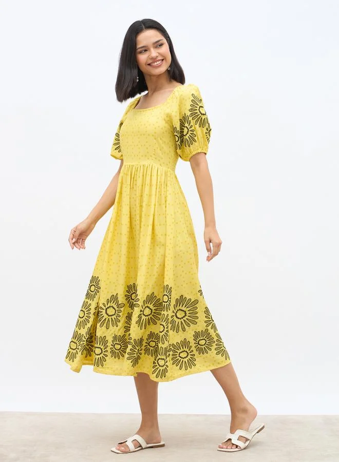 Styli Styli Embroidered Puff Sleeves A-Line Midi Dress