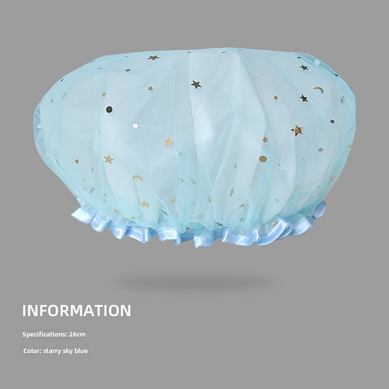 Cute Star Double Layer Shower Cap for Women Starry blue 