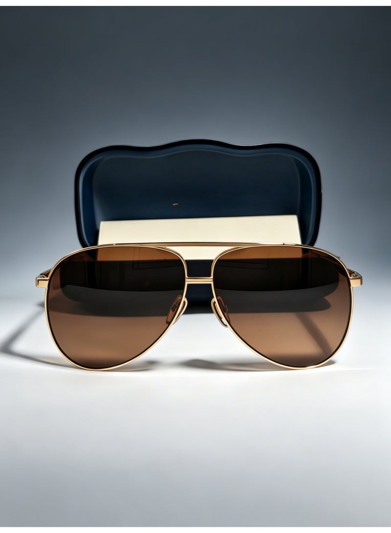 Classic Aviator Sunglasses, Polished Gold Metal Frame, Brown UV400 Lenses - Image 4