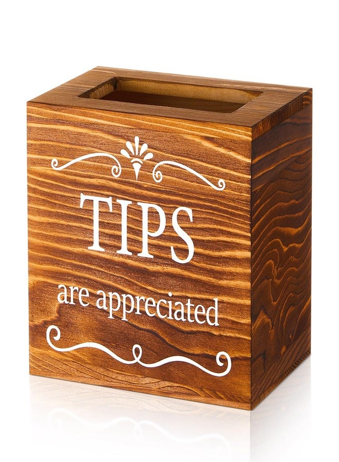 Vesici Wooden Tips Jar Tip Collection Box 6 x 4 x 5 Inch Donation Bucket Money Coin Storage Container Suggestion Box Raffle Cash Box for Bartender Restaurants Bars Musicians Driver(Burnt Wood) - Image 1