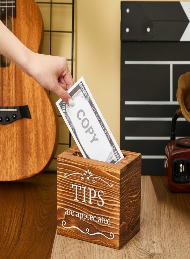 Vesici Wooden Tips Jar Tip Collection Box 6 x 4 x 5 Inch Donation Bucket Money Coin Storage Container Suggestion Box Raffle Cash Box for Bartender Restaurants Bars Musicians Driver(Burnt Wood) - Image 3