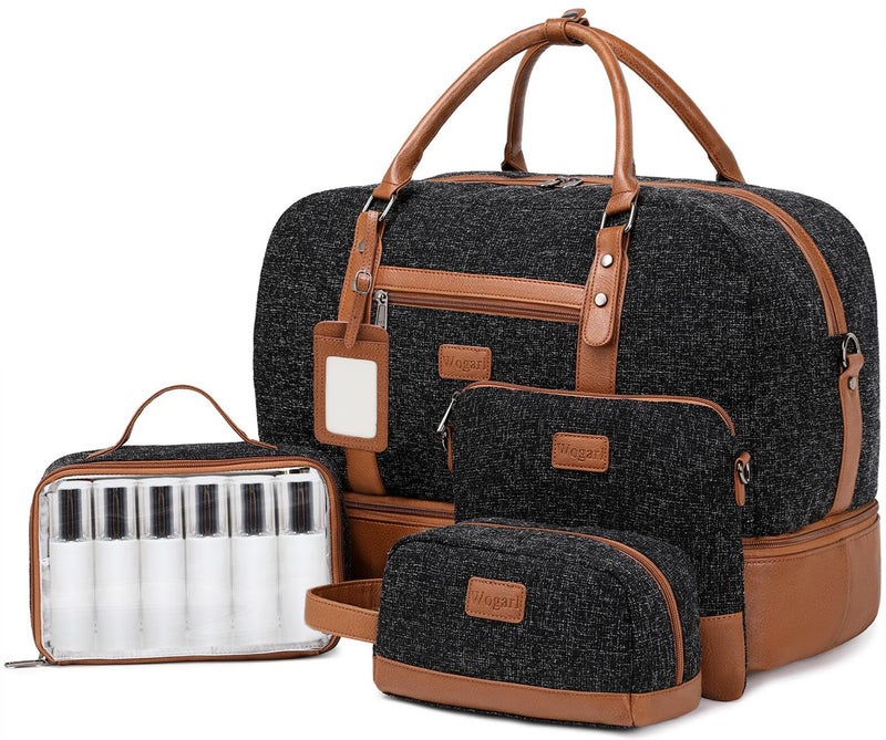 Wogarl 4PCS Weekender Bags for Women Large Overnight Bag Weekend Travel Duffel Bag Carry on Shoulder with Shoe Compartment Canvas Toiletry Bag for Travel Business Gym(Wide Blue White-CH) - Image 1