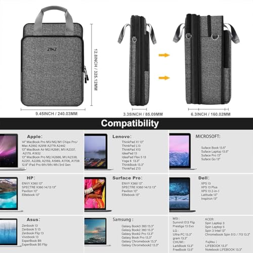 ZINZ Slim & Expandable Case 12.9 13 inch Travel Laptop Shoulder Bag for MacBook Air 13" M3/M2/M1, MacBook Pro 13" M2/M1, iPad Pro 12.9"/13"/11", iPad Air 13",L01G06 - Image 2
