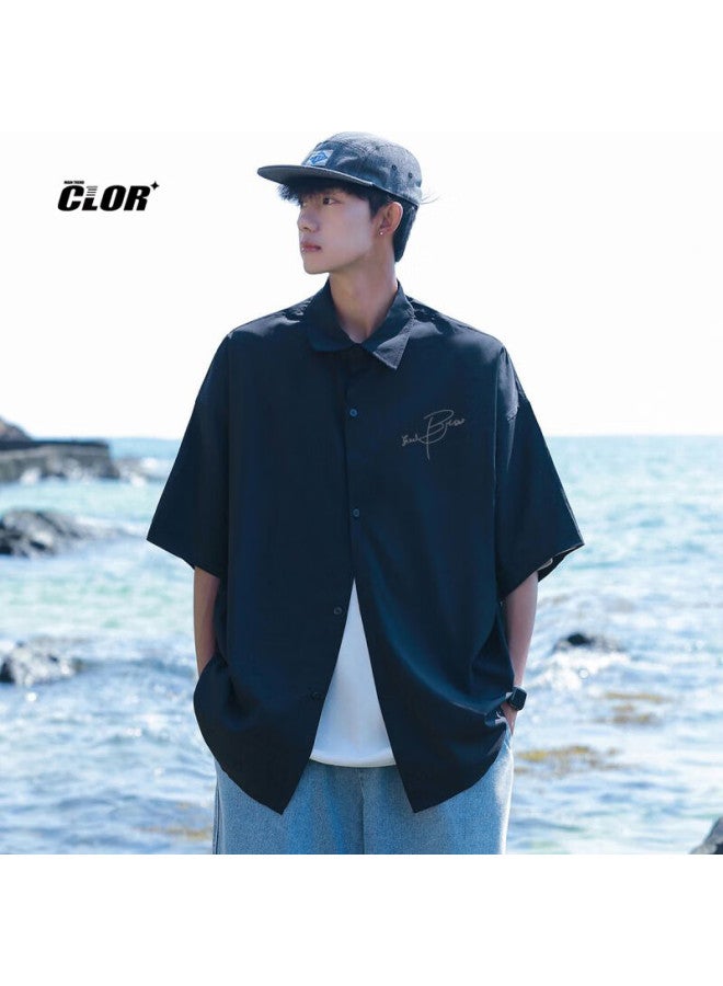 Clor Men's Casual Short Sleeve Shirt Summer Trendy Printed Thin Loose Cardigan Jacket Cs01 Black 2XL - Image 1
