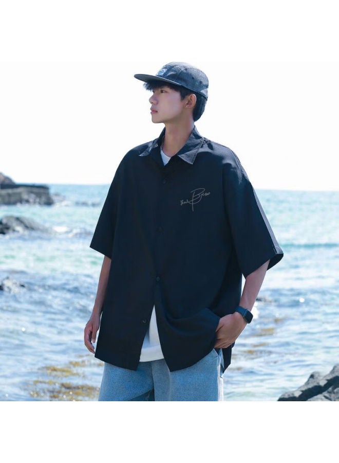 Clor Men's Casual Short Sleeve Shirt Summer Trendy Printed Thin Loose Cardigan Jacket Cs01 Black 2XL - Image 5