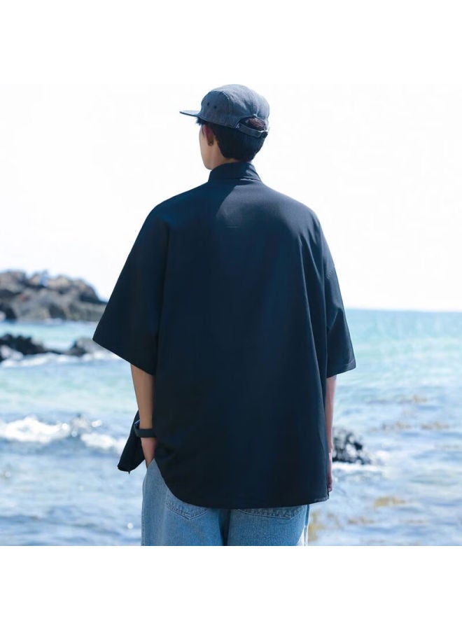 Clor Men's Casual Short Sleeve Shirt Summer Trendy Printed Thin Loose Cardigan Jacket Cs01 Black 2XL - Image 2