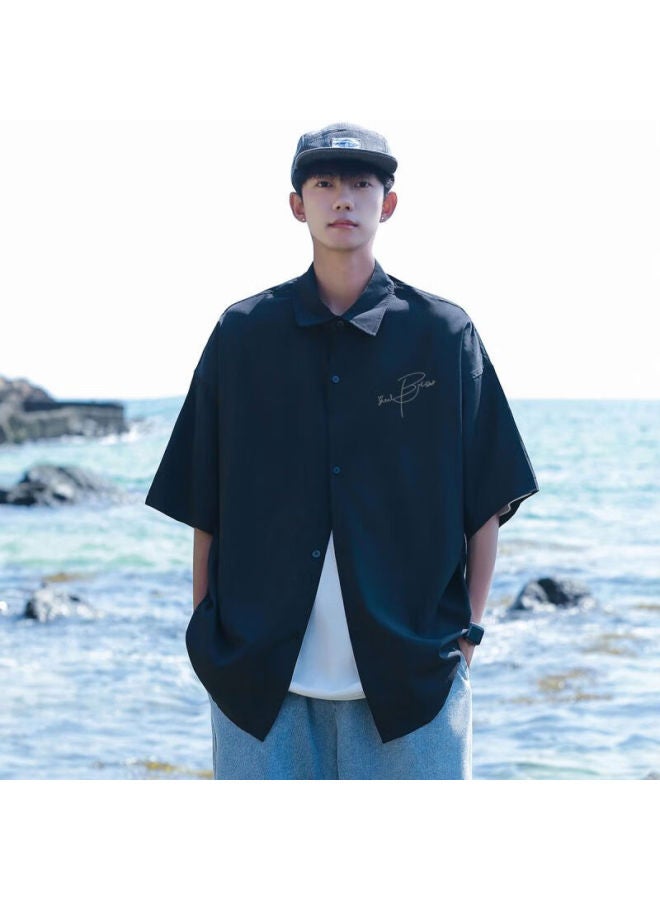 Clor Men's Casual Short Sleeve Shirt Summer Trendy Printed Thin Loose Cardigan Jacket Cs01 Black 2XL - Image 3