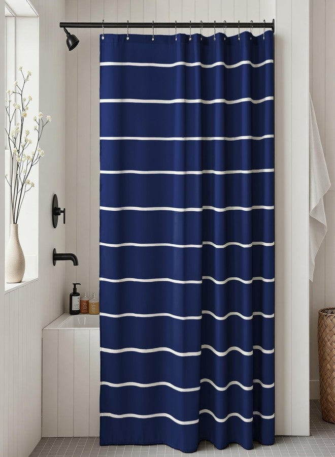 Treory Navy Blue Striped Shower Curtain, Modern Coastal Bathroom Decor, Clean White Horizontal Stripes, Linen Texture Waterproof Fabric, 72" x 72" - Image 1
